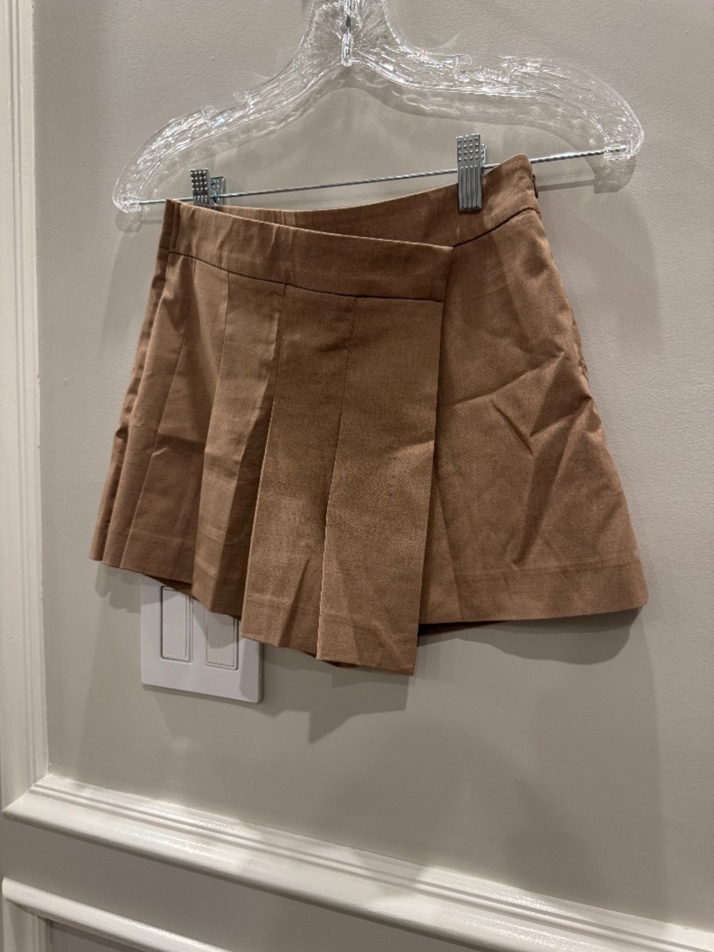 NWT Zara Brown Tan Pleated Asymmetric Wrap Skort Shorts Size XS